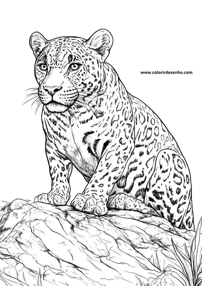 jaguar sitting on rock looking alert with large eyes and spotted fur