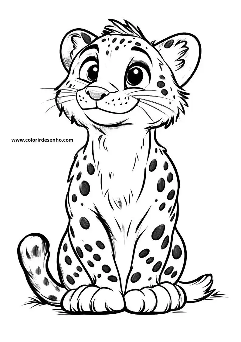 jaguar sitting upright smiling spotted fur small tail curled around body grassy ground visible
