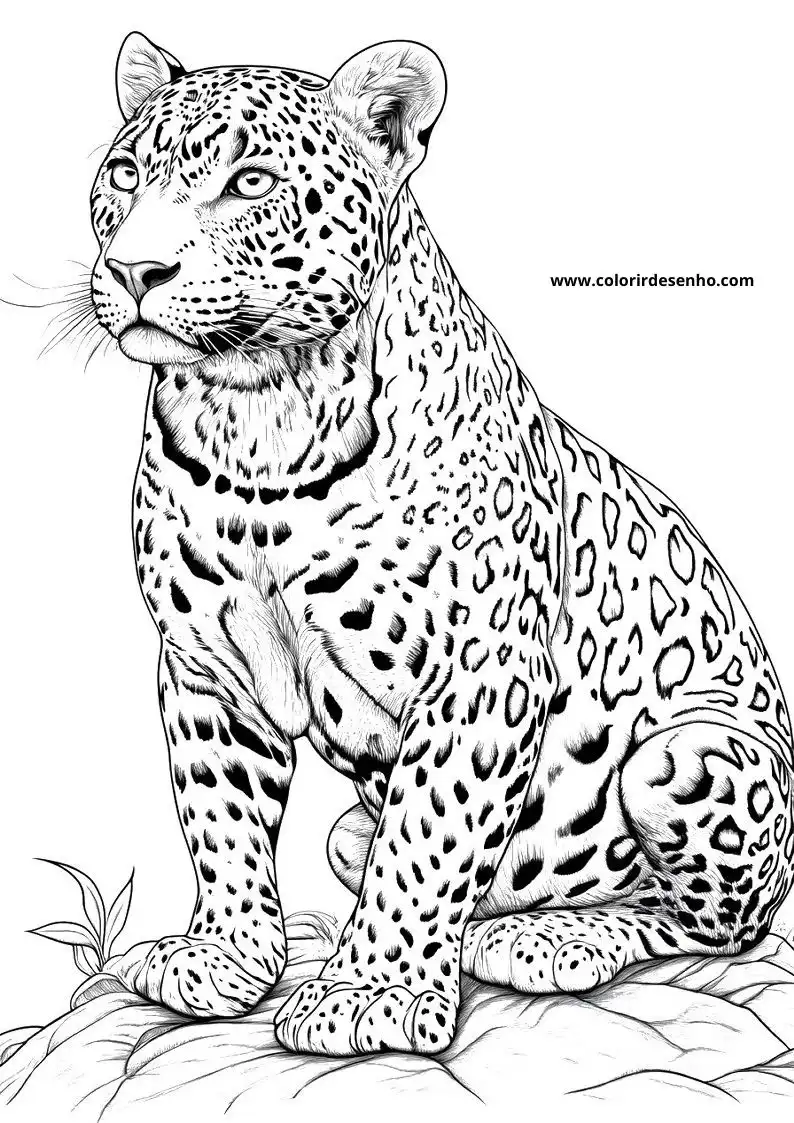 jaguar sitting upright with tail curled up looking alert in grassy setting