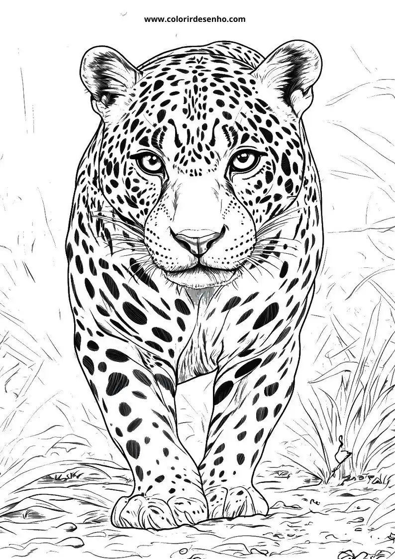 jaguar standing alert in grassy terrain with detailed spots on fur and whiskers visible