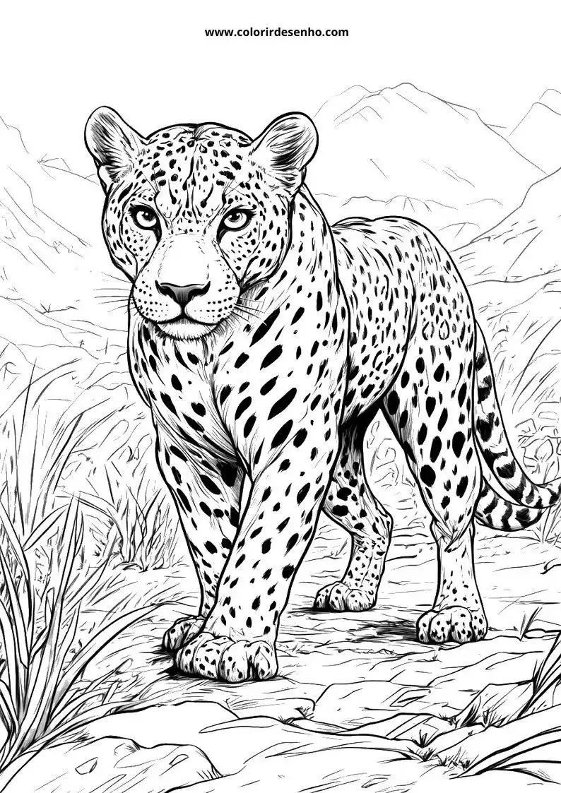 jaguar standing alert in grassy terrain with spotted body and sharp eyes