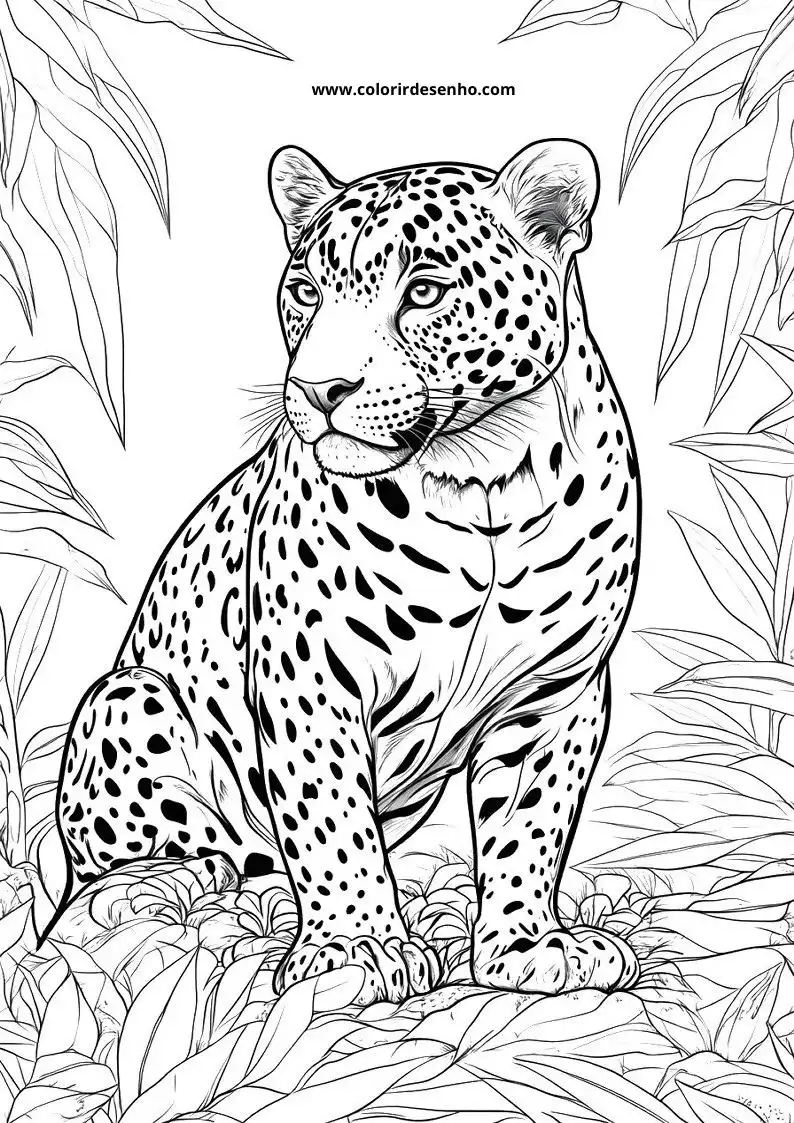 jaguar standing alert in jungle foliage with detailed spots on body and tail curled