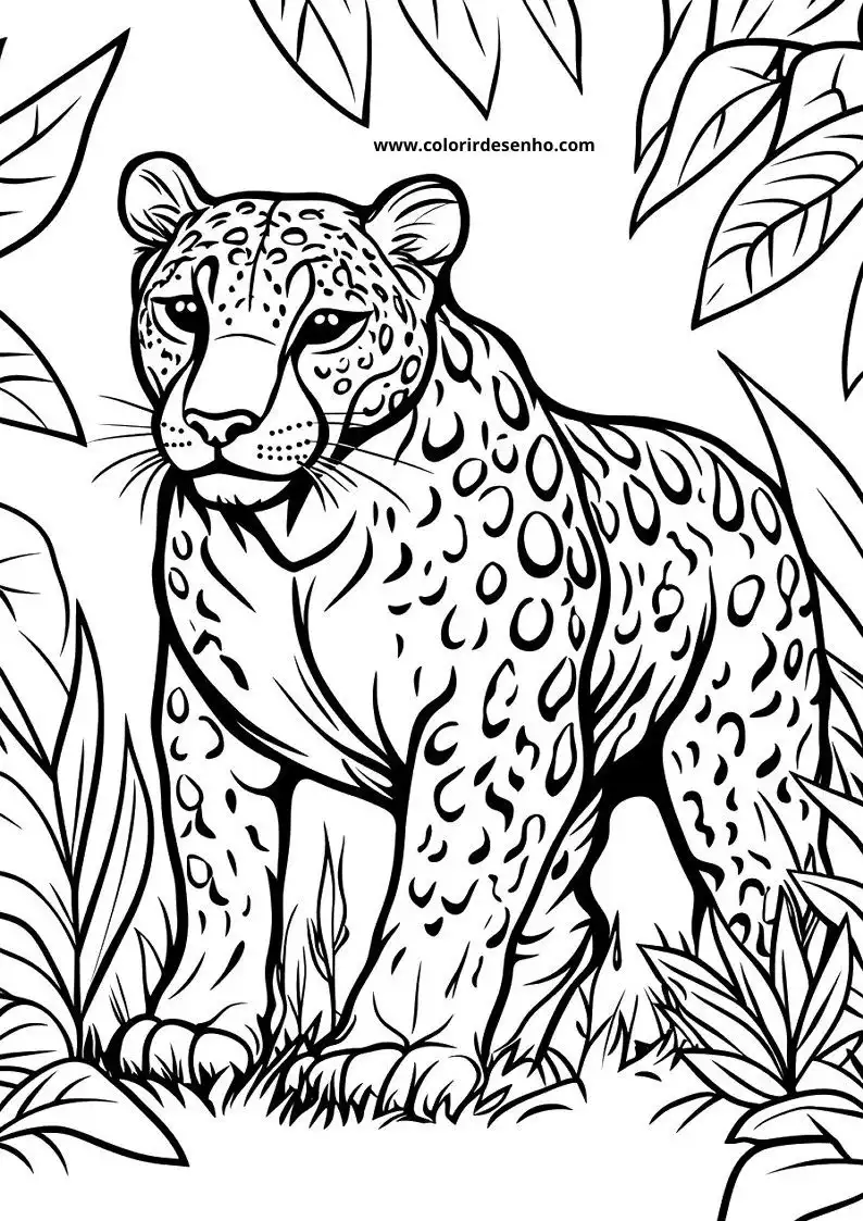 jaguar standing alertly among foliage with distinct spots on body and tail curled up
