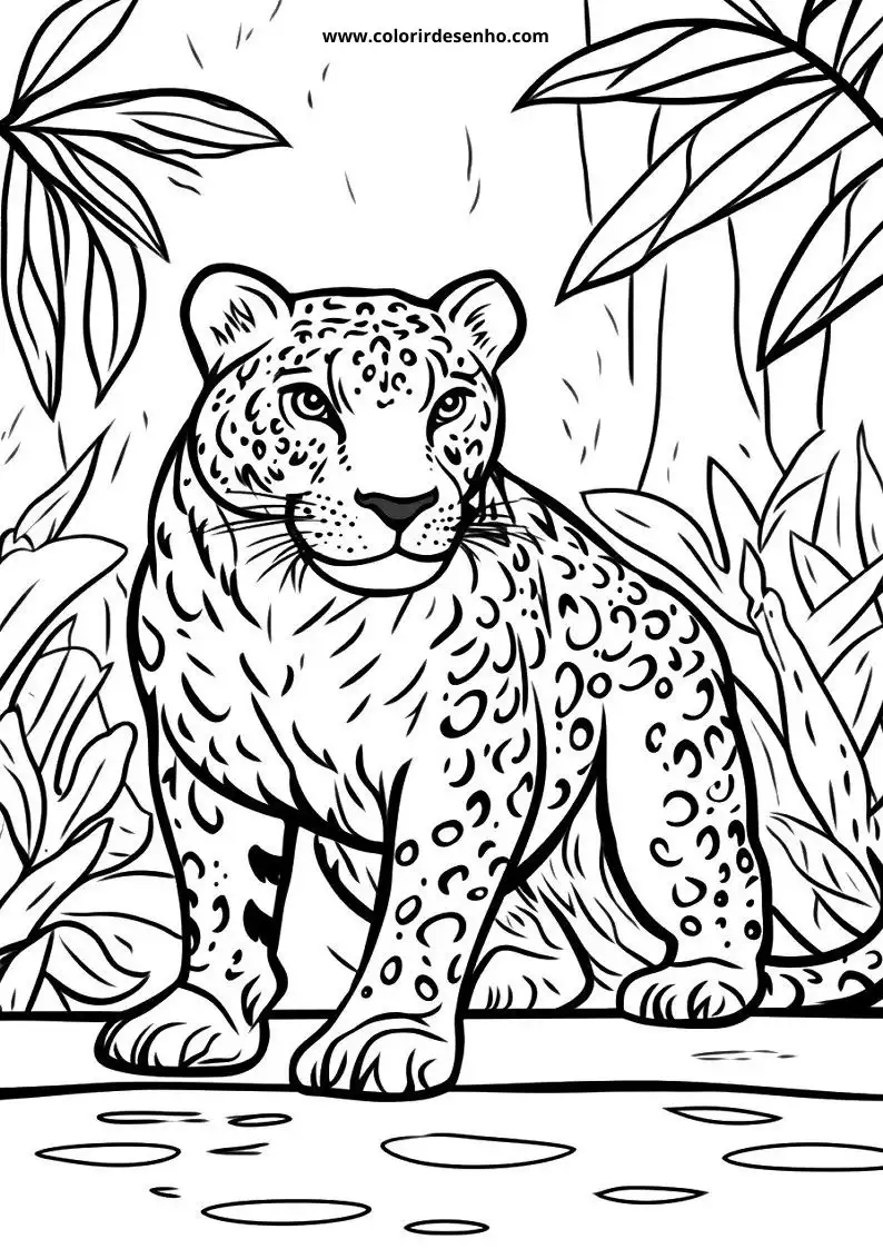 jaguar standing alertly in jungle with leaves surrounding it