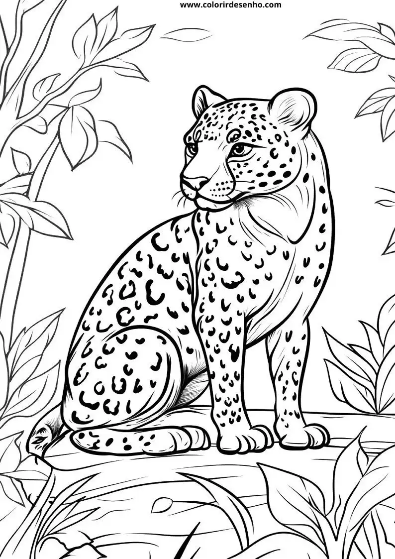 jaguar standing alertly on a log among jungle foliage