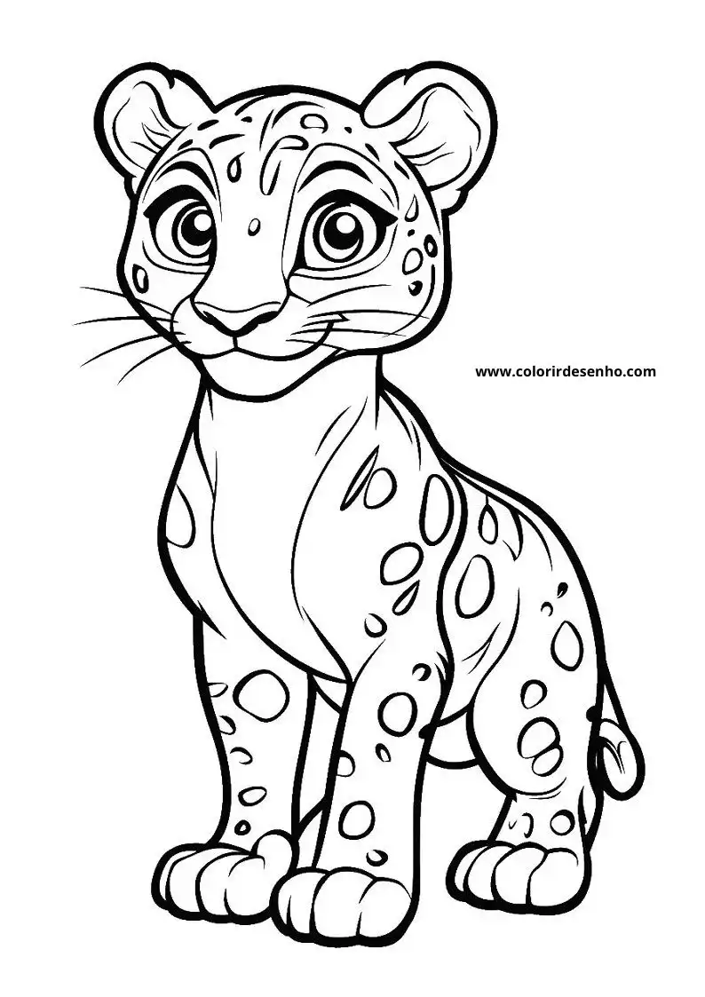 jaguar standing upright facing forward spotted fur large eyes small ears long whiskers tail
