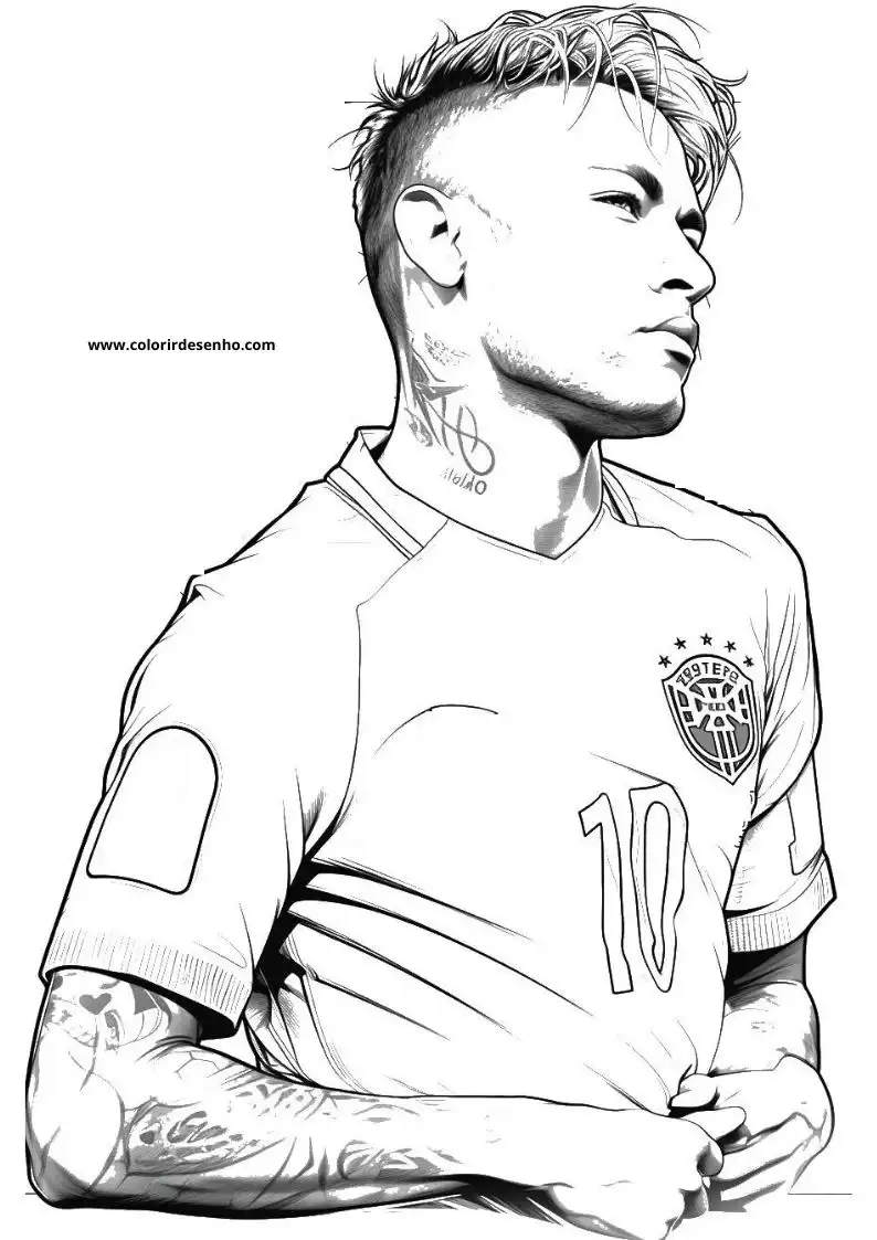 neymar standing confidently in soccer jersey number 10 with tattoo on arm and collarbone