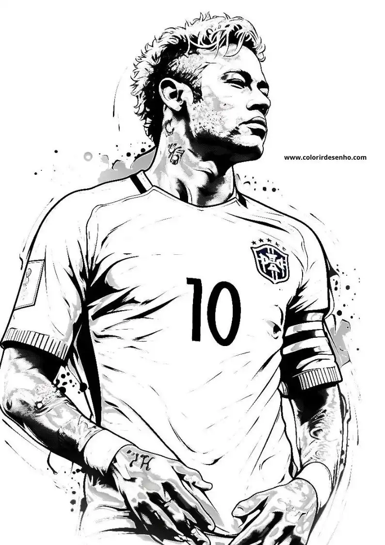 neymar standing confidently with tattooed arms and a number 10 jersey