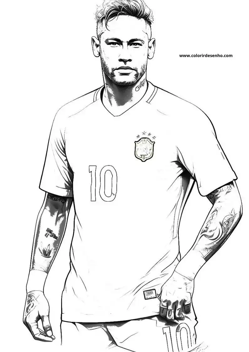 neymar standing in soccer uniform with number 10 on jersey and tattoos on arms