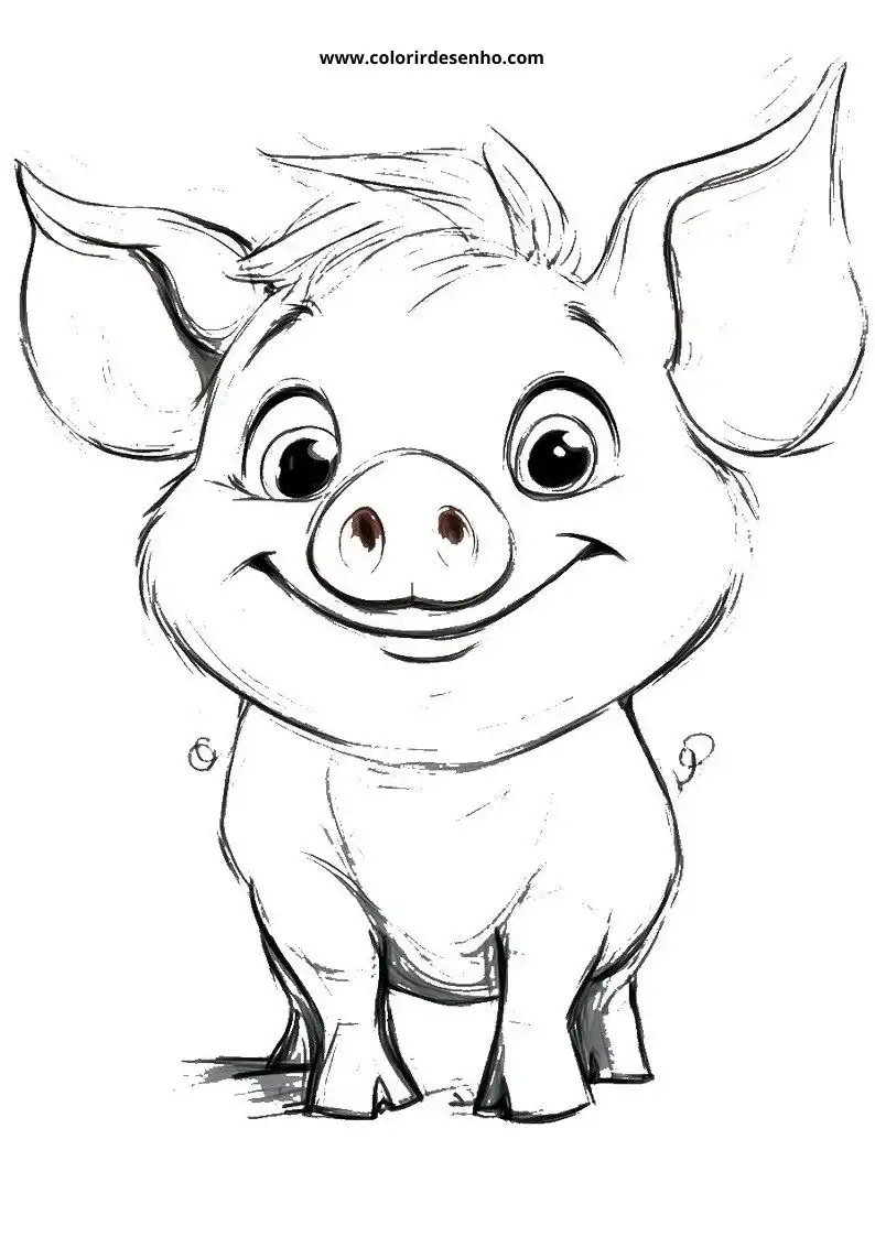 pig smiling and standing upright in a simple black and white style