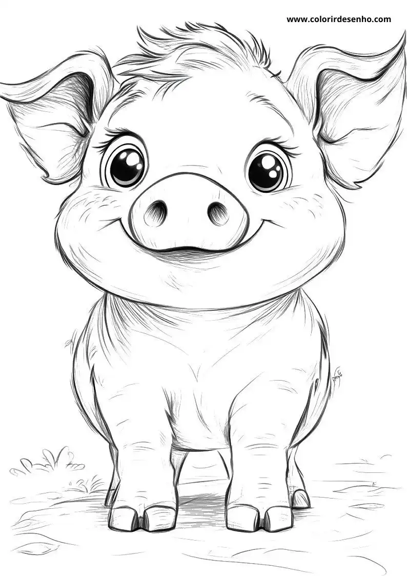 pig smiling cheerfully while standing on grassy ground with small curly tail visible