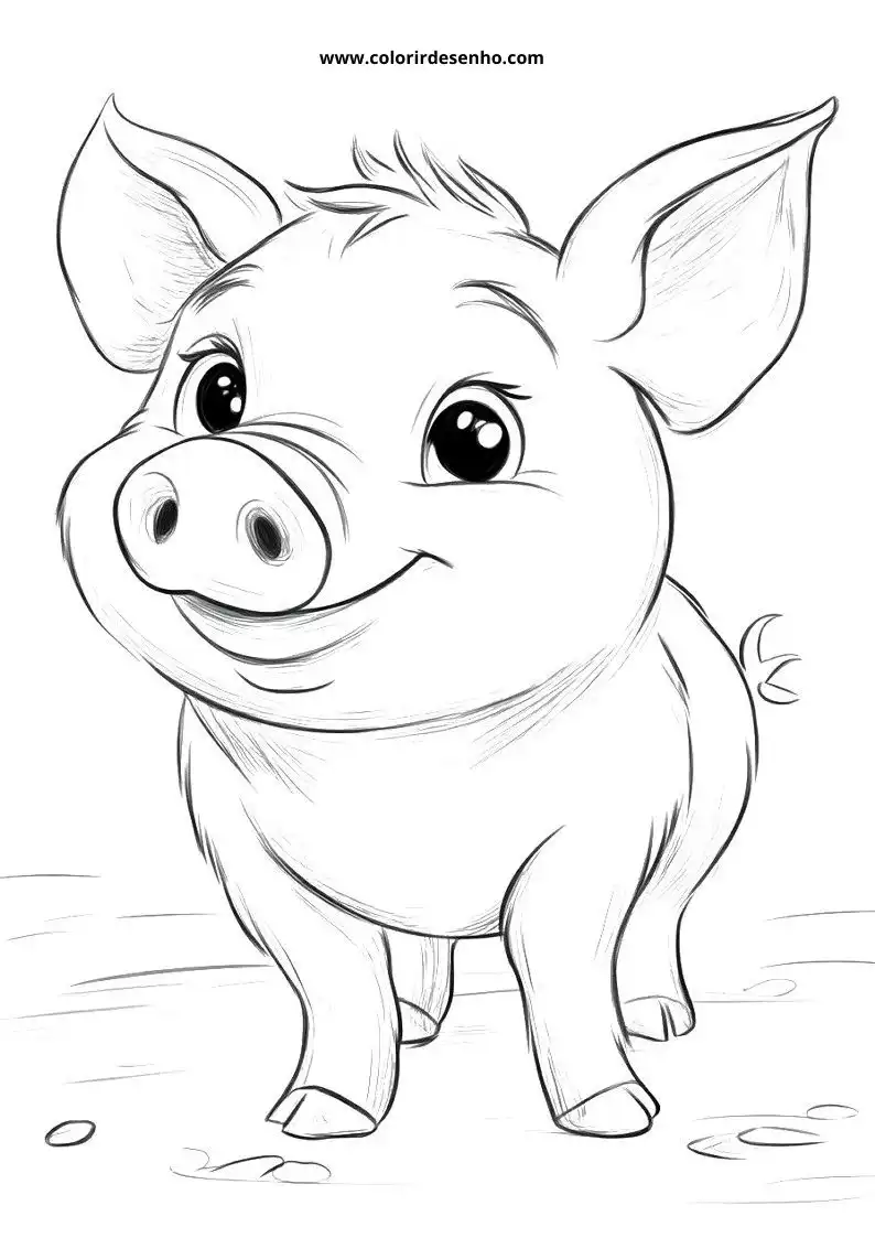 pig smiling joyfully with big eyes standing on grassy ground