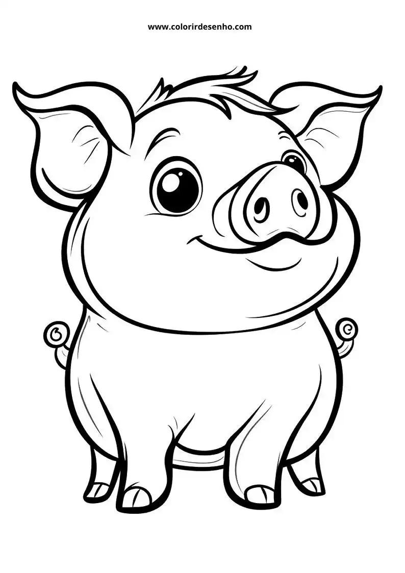 pig smiling with big eyes and curly tail standing upright on grassy ground