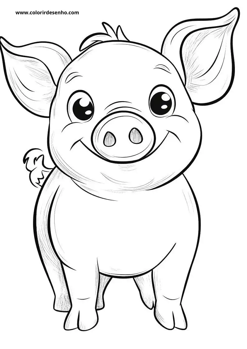 pig standing happily in a field with big eyes and smiling mouth