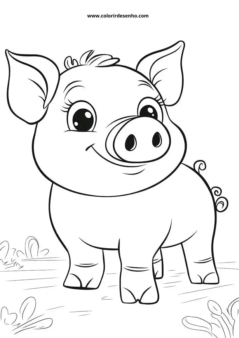 pig standing on grassy field with small flowers and leaves visible in background
