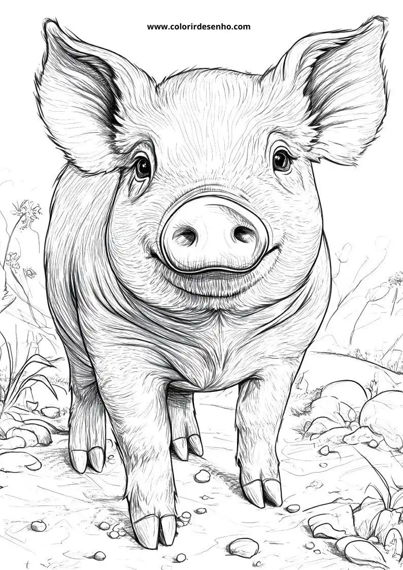 pig standing outdoors among rocks and grass