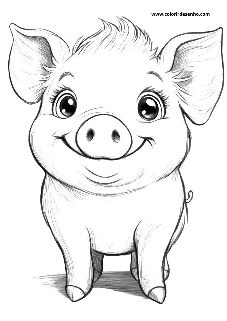 pig standing straight on grassy ground with big eyes and smiling mouth