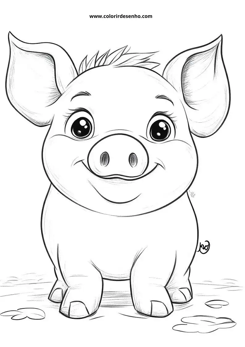 pig standing upright on grassy ground with big eyes and grinning mouth