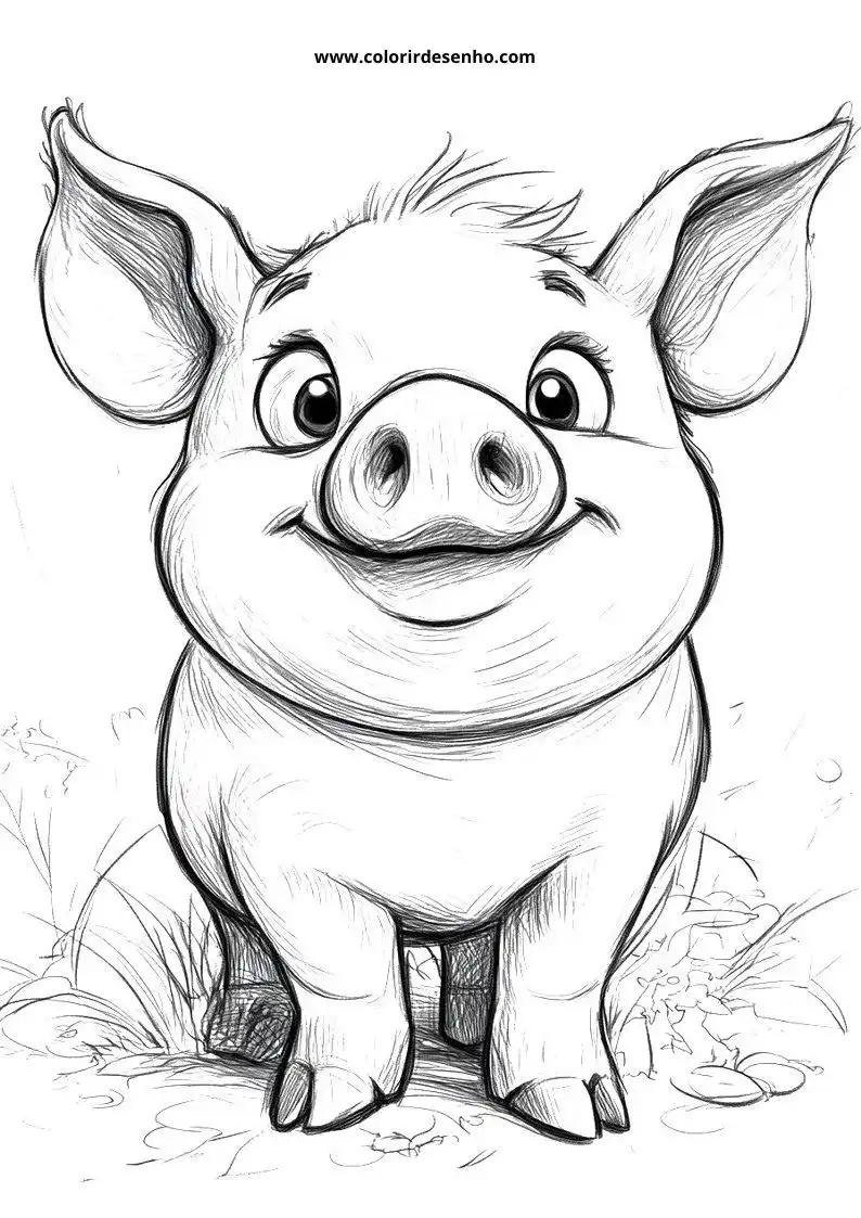 pig standing upright on grassy ground with big eyes and smiling mouth