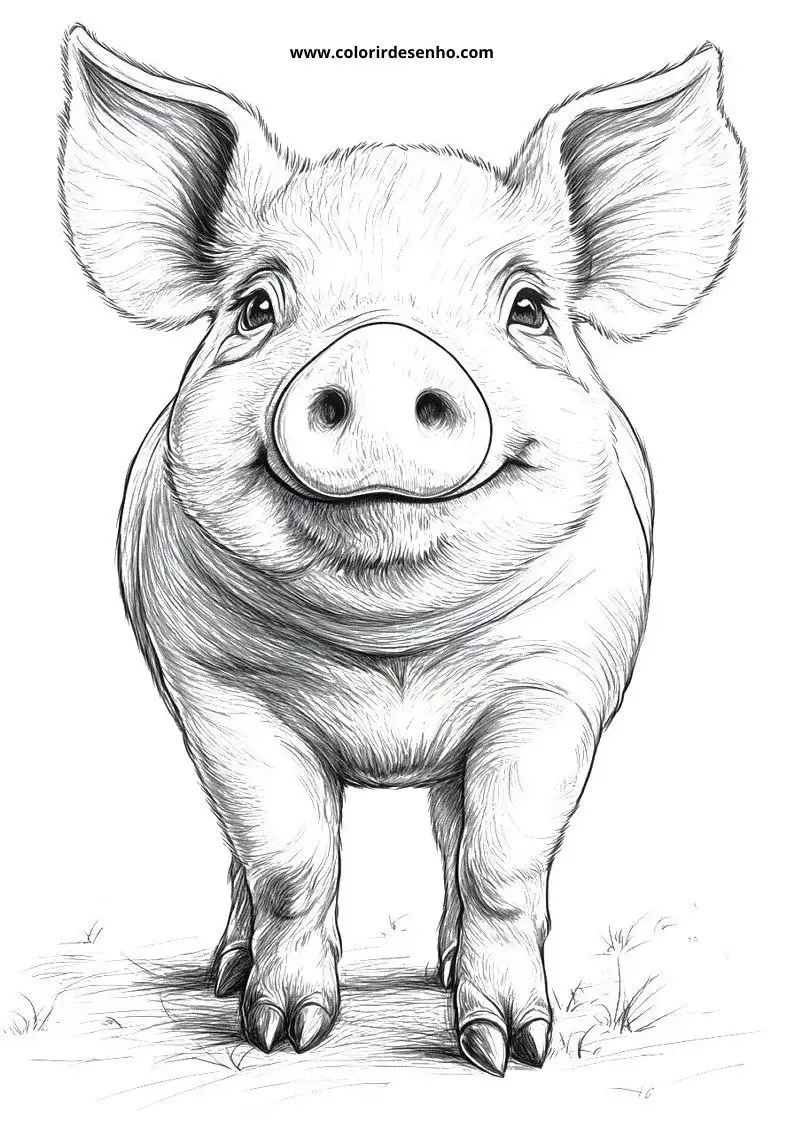 pig standing upright on grassy ground with large eyes and grinning mouth