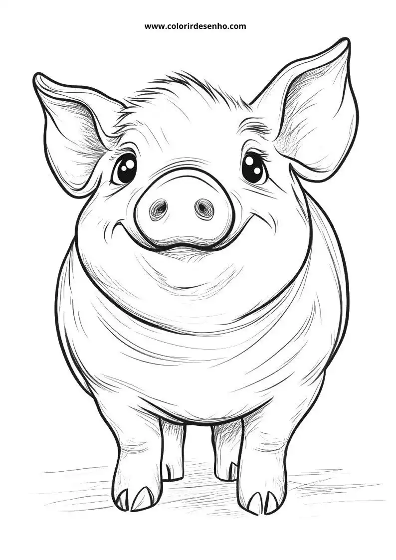 pig standing upright smiling wearing no clothing in a simple background