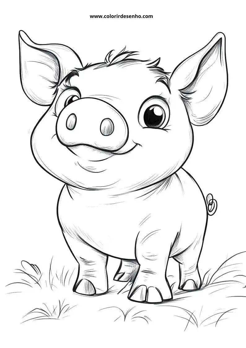 pig standing upright with a content smile wearing no clothes in grassy setting