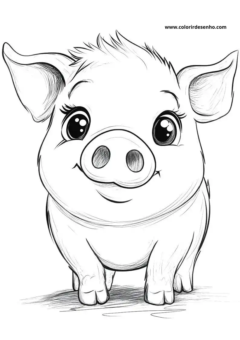 pig standing upright with big eyes and a small smile wearing no clothes
