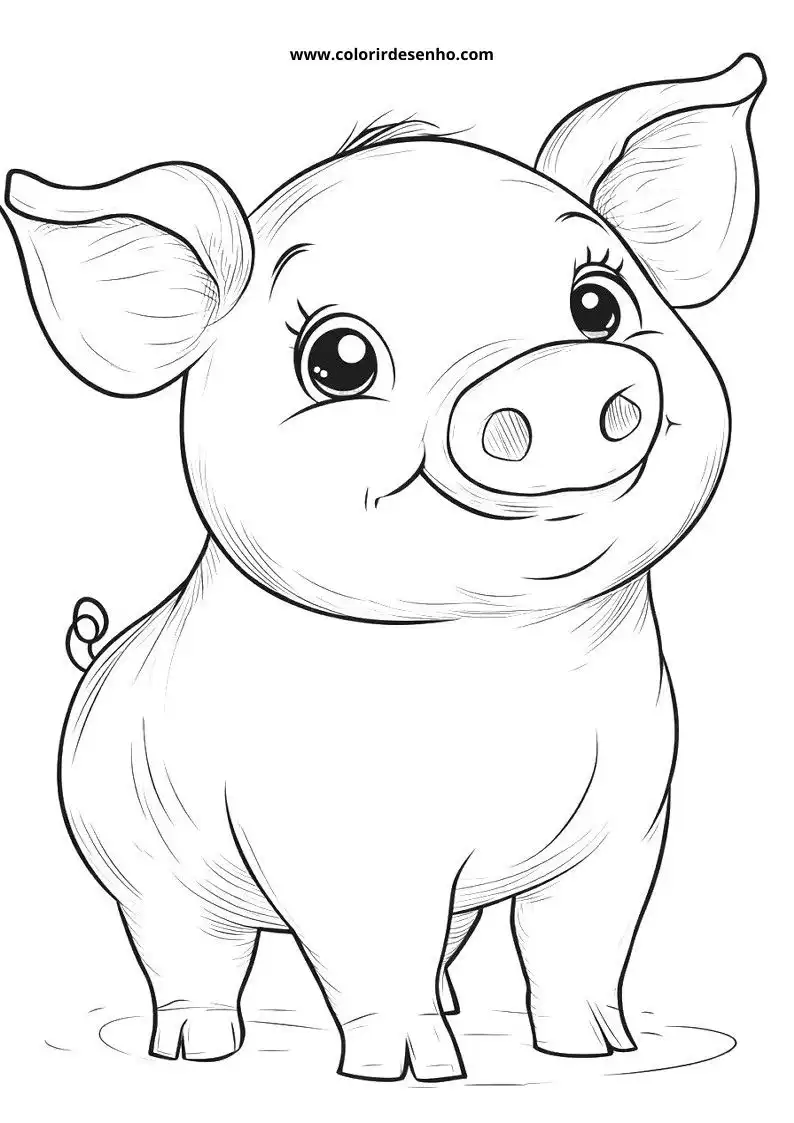 pig standing upright with big eyes looking to the side wearing no clothes