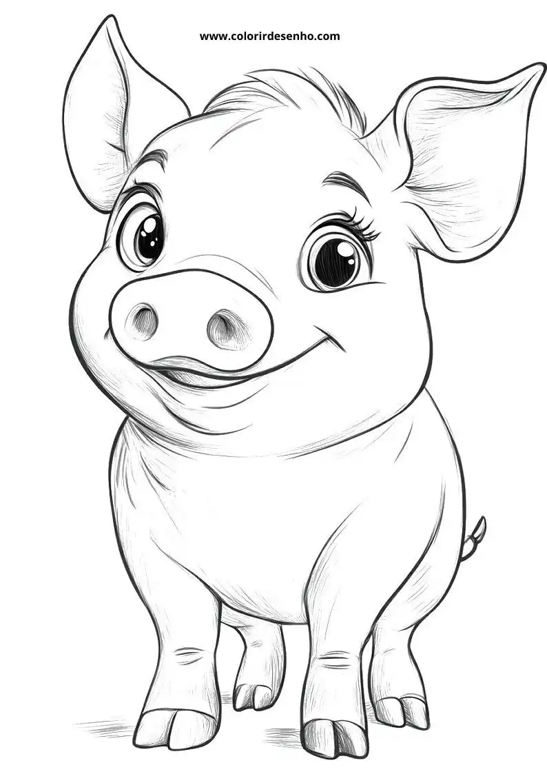pig standing upright with big eyes wearing no clothes in farm scene