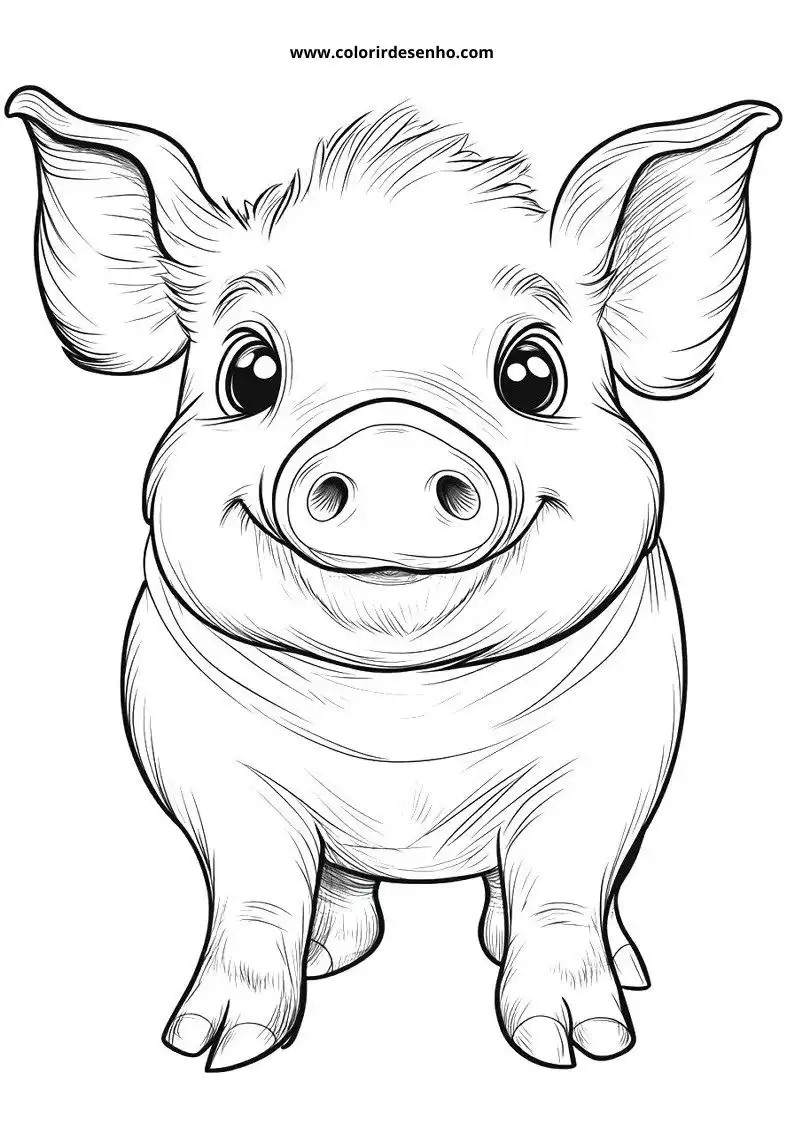 pig standing upright with big eyes wearing no clothes in farm setting