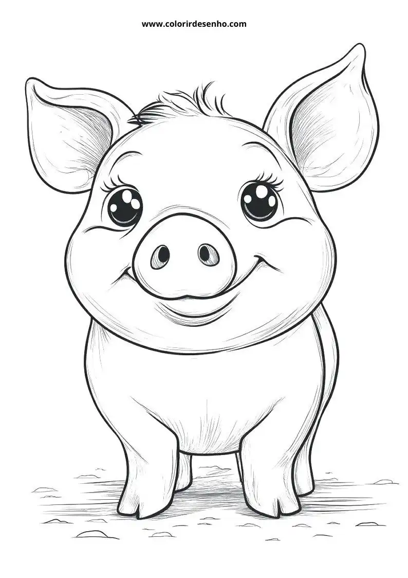pig with big eyes and curved nose stands on ground looking at viewer