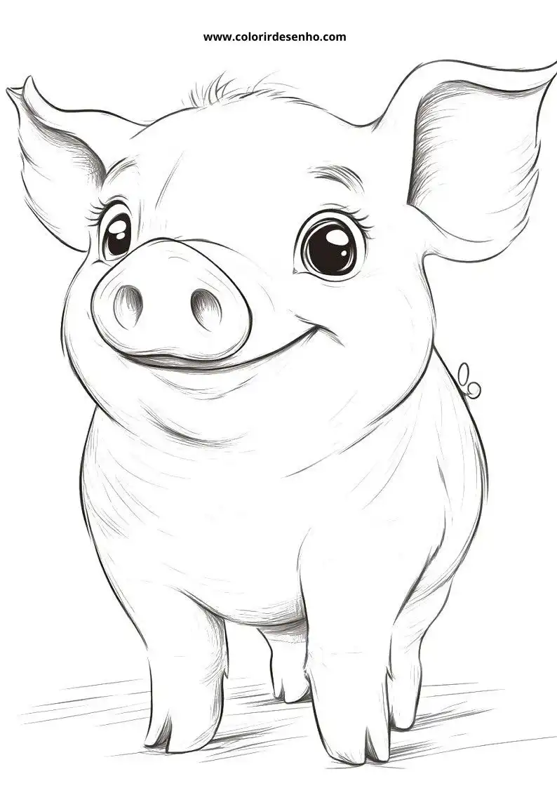 pig with big eyes and smiling face wearing no clothes in farm setting