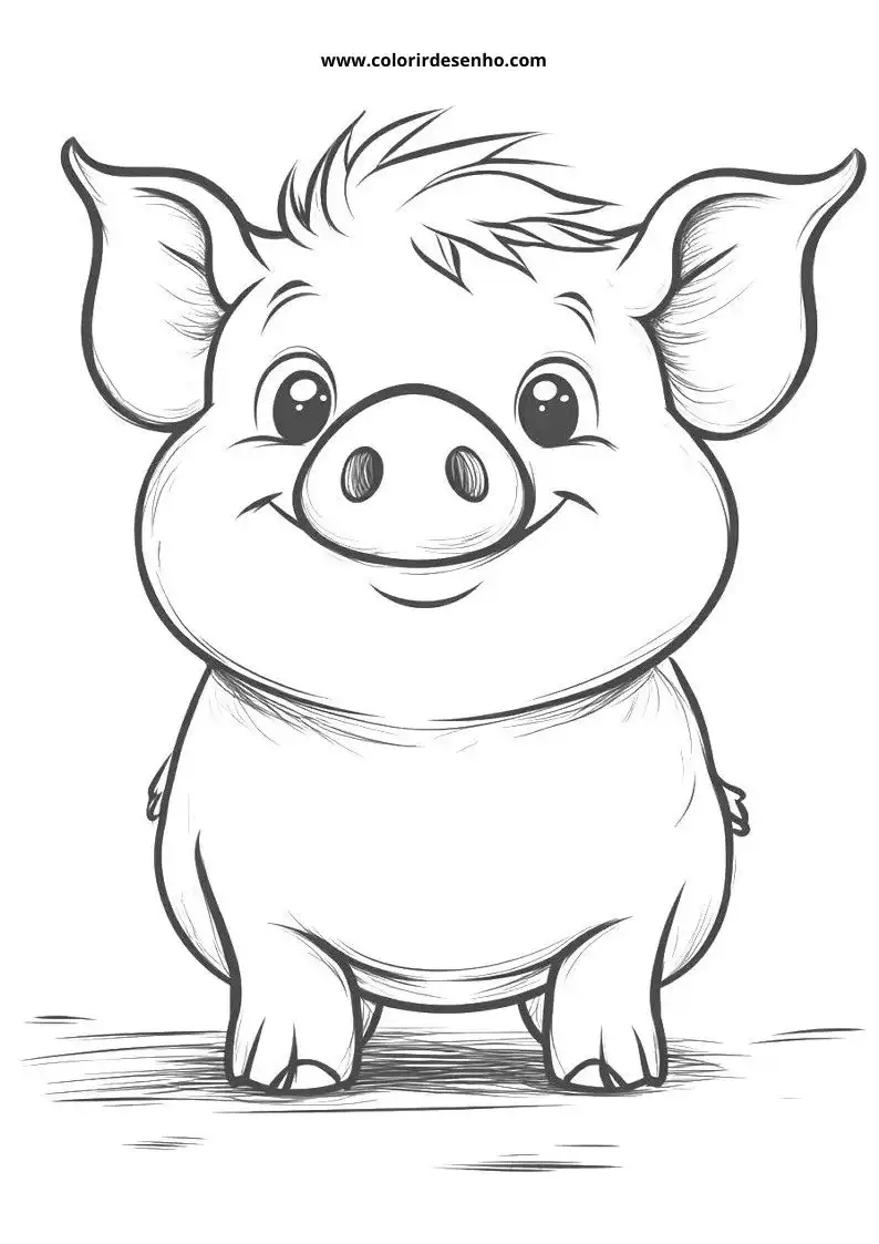 pig with big eyes and smiling face wearing no clothes on a plain background