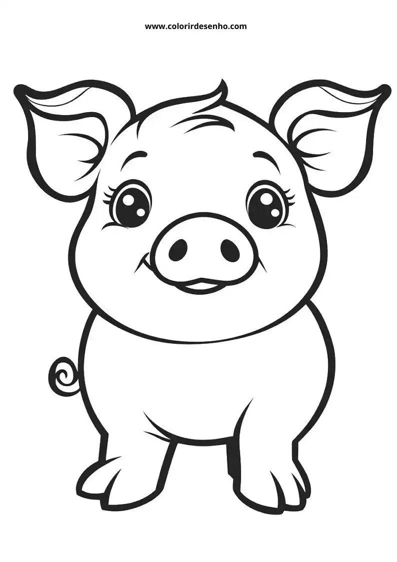 pig with big eyes and smiling mouth standing upright on grassy ground