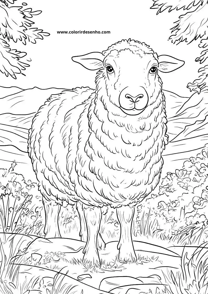 sheep standing in a grassy field with trees and bushes behind it