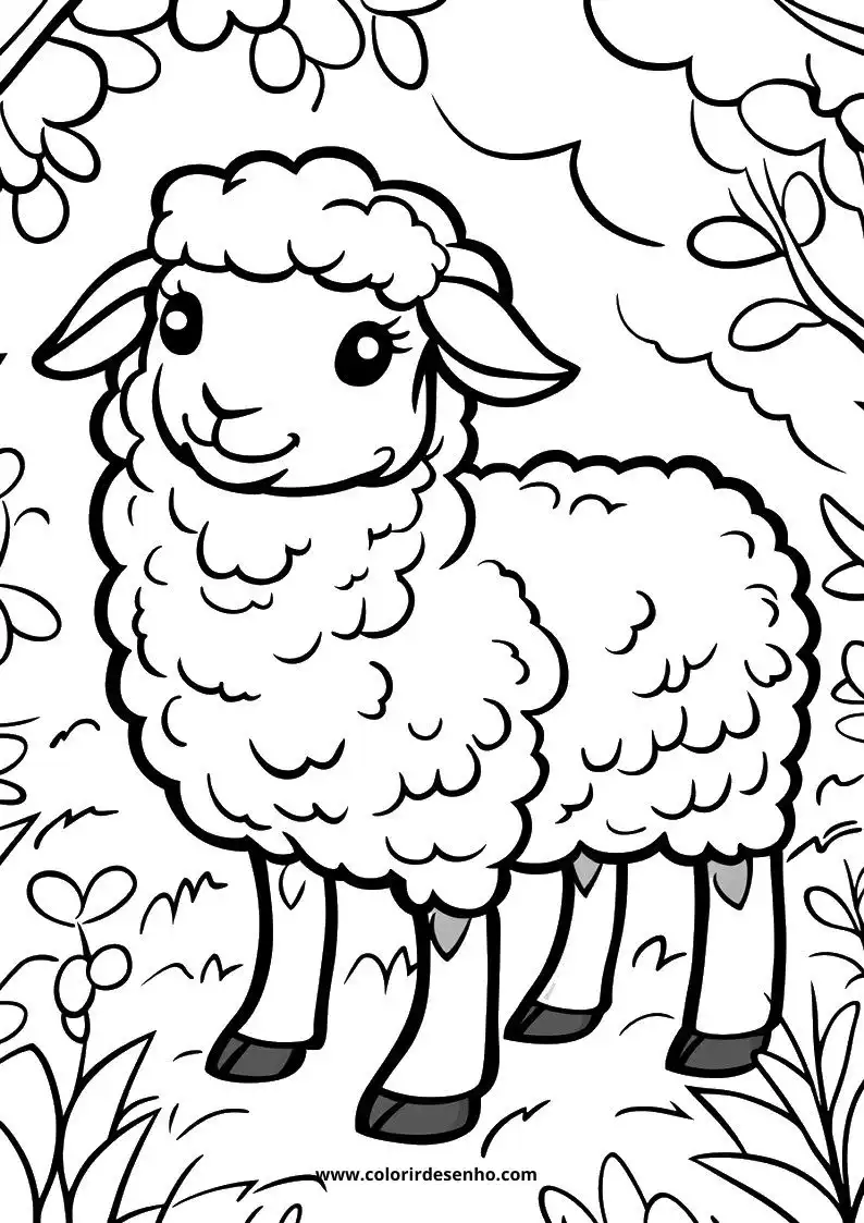 sheep standing in a grassy field with trees and leaves behind it