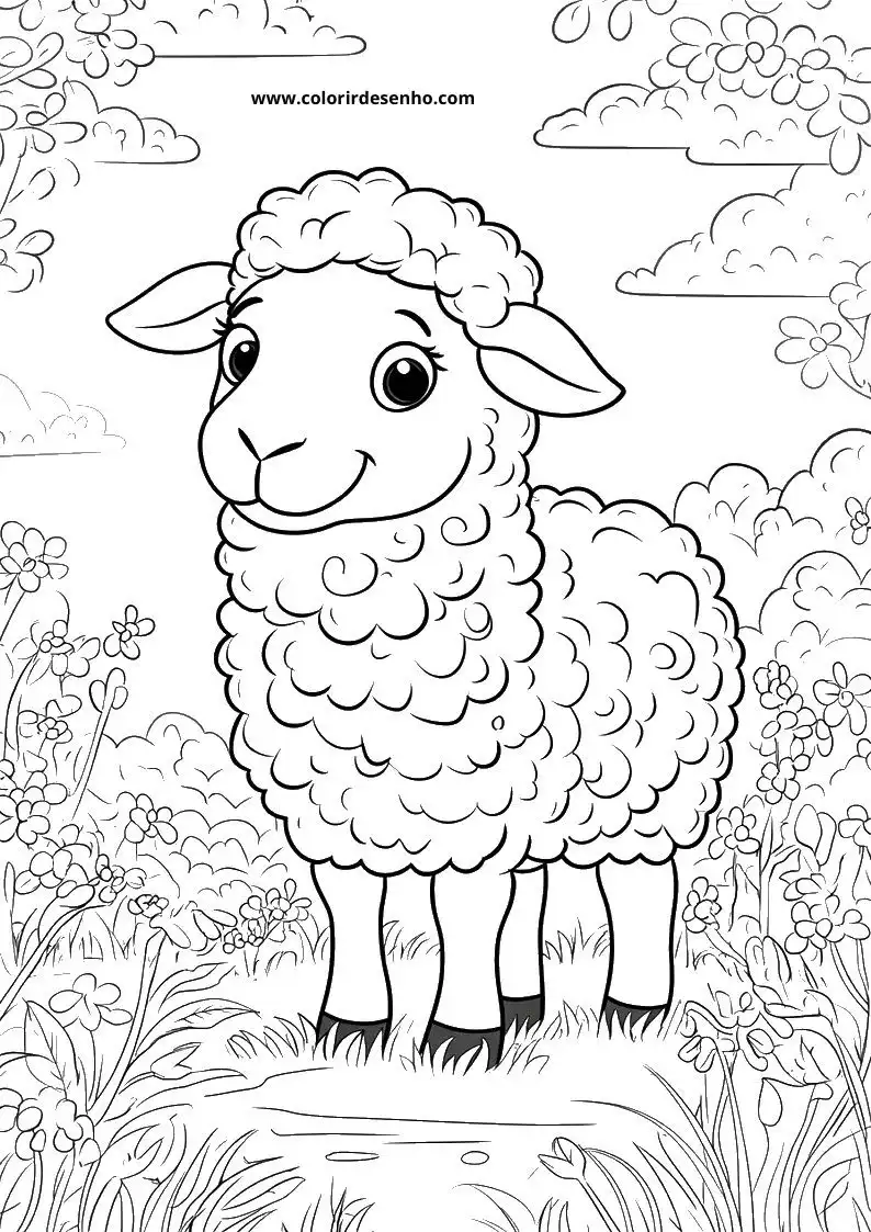 sheep standing in a meadow surrounded by flowers and bushes