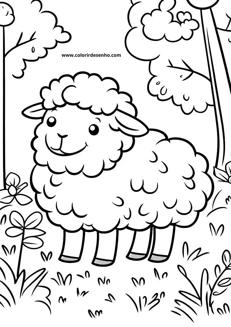 sheep standing in grass with flowers and bushes behind it