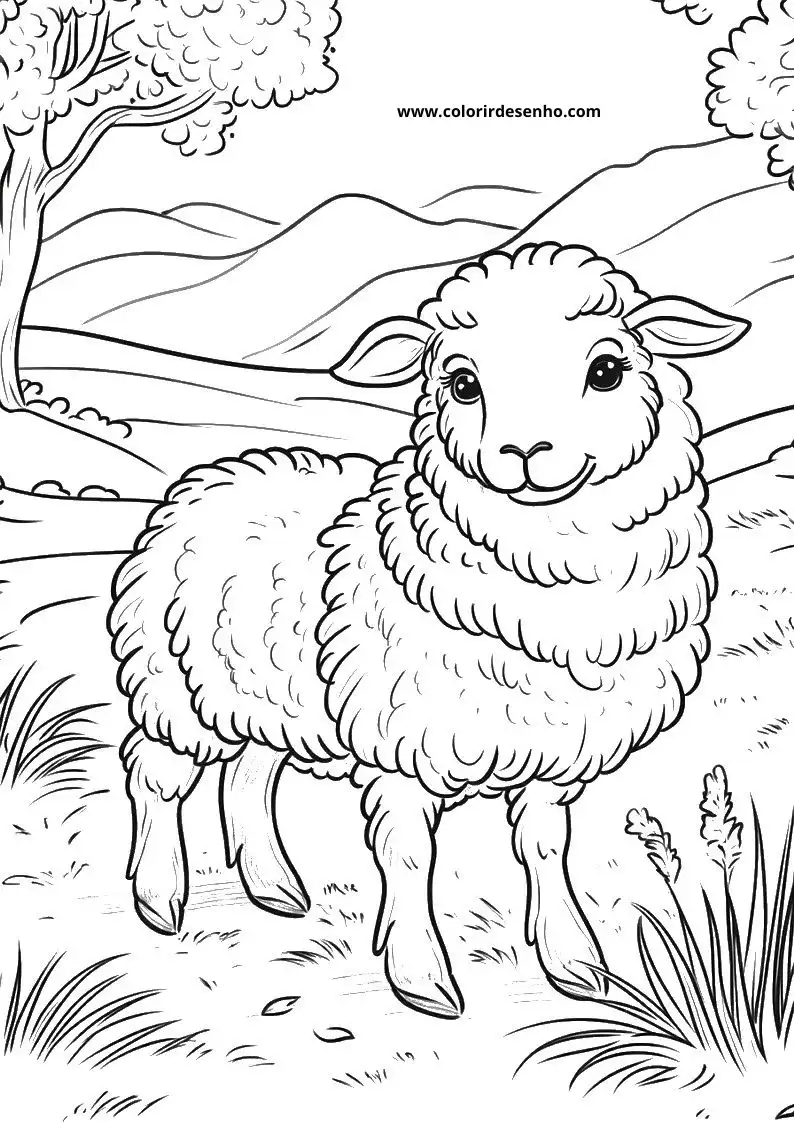 sheep standing in grassy field with tree and hills in background