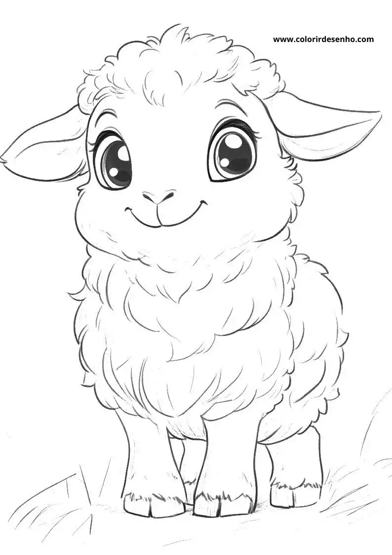 sheep standing on grass with big eyes and smiling face