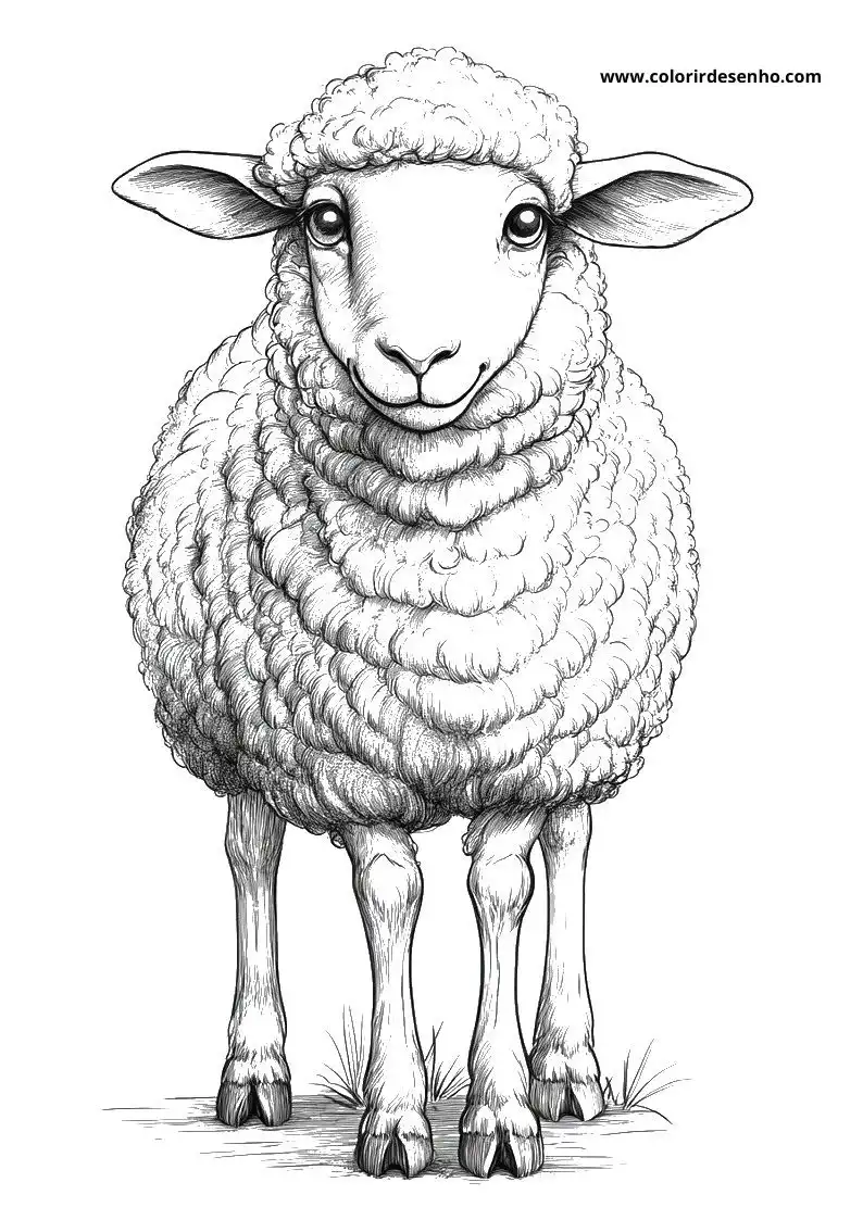 sheep standing on grassy ground wearing thick wool coat looking directly at viewer