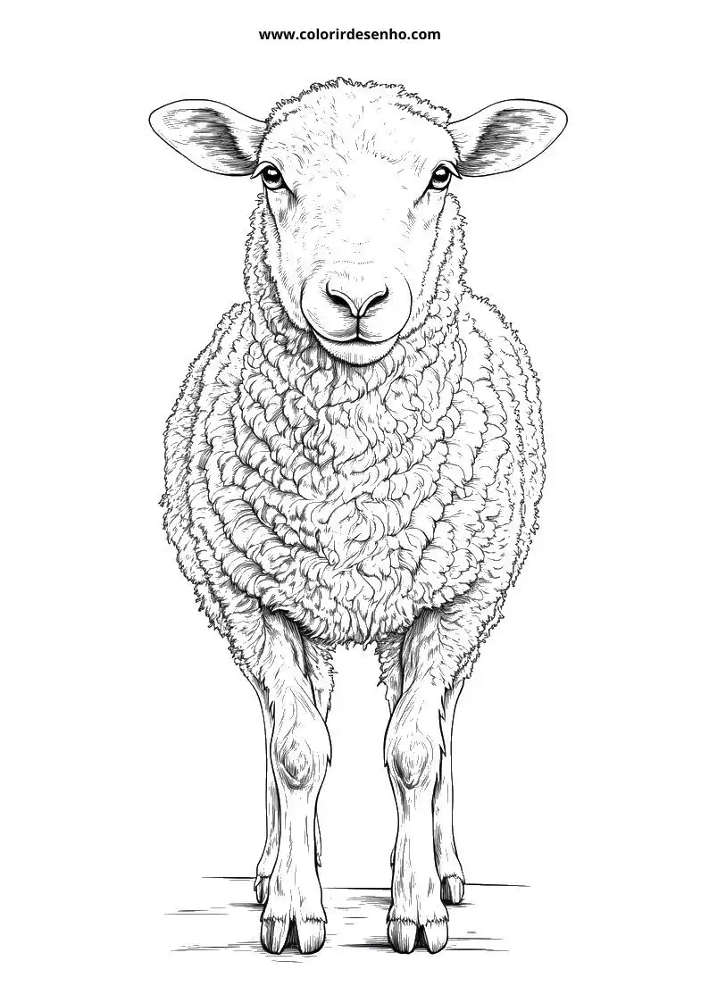 sheep standing upright facing forward wearing thick wool coat in simple setting