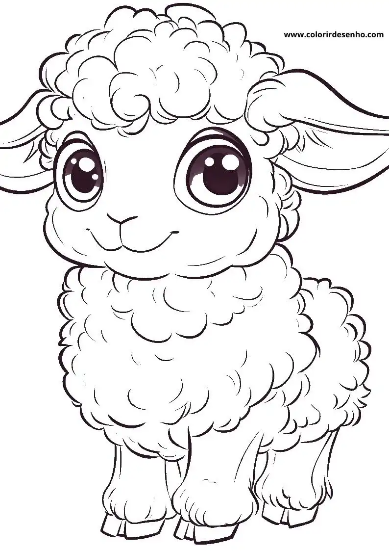 sheep standing upright fluffy wool large eyes smiling face small ears cute expression no