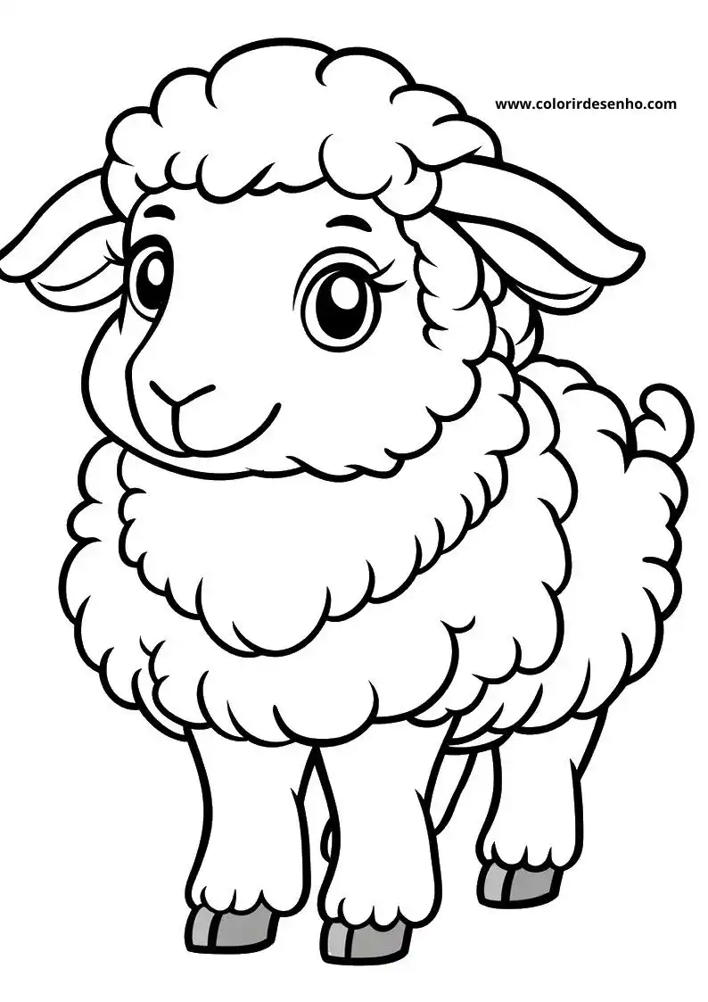 sheep standing upright fluffy wool large eyes smiling face small horns tail curled around