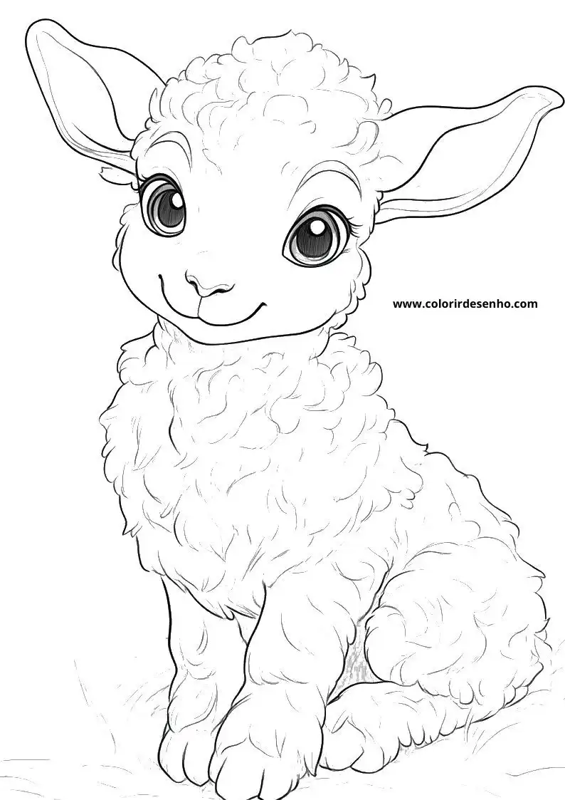 sheep standing upright fluffy wool wide eyes small nose smiling mouth