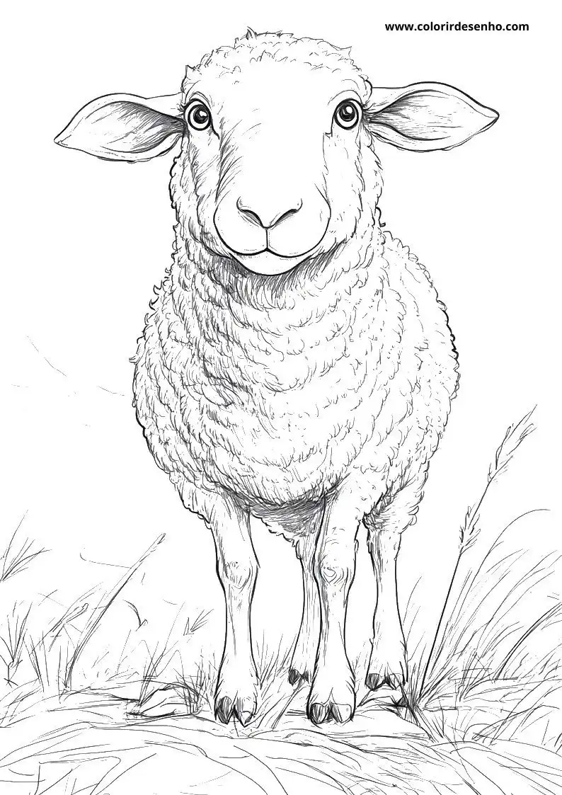 sheep stands alert among tall grasses facing forward with soft woolly coat