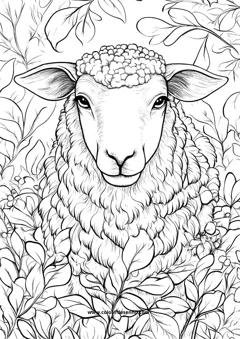 sheep stands among leaves and branches facing forward