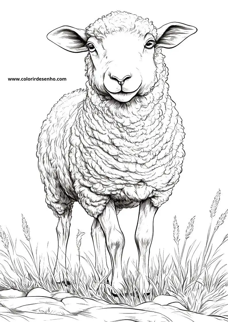 sheep stands among tall grass with a gentle expression in its eyes