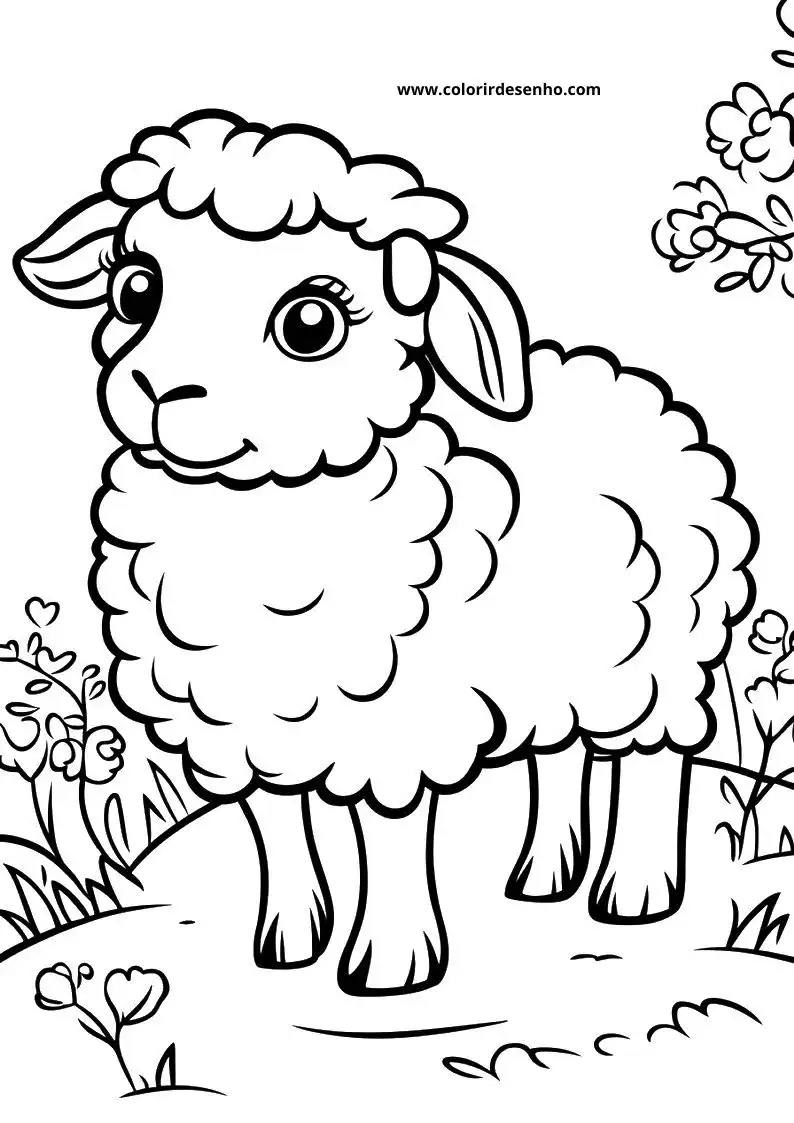 sheep with fluffy wool stands among flowers and leaves