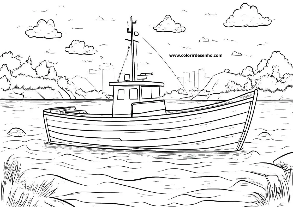 ship at sea on calm waters with grassy shore and distant trees